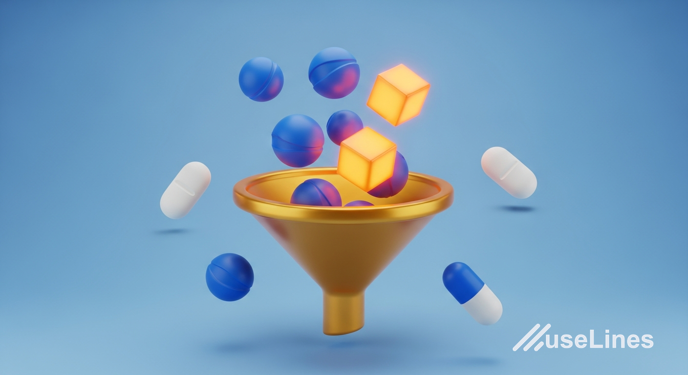 3D illustration of multiple soft-touch blue spheres (representing data points) being sucked into a large golden funnel and emerging as organized, glowing cubes, symbolizing the transformation of raw data into structured insights through API integration.