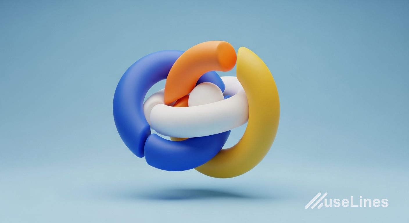 A 3D render of three interlocking pill-shaped rings in royal blue, orange, and yellow, rotating around a central white core. The rings represent different LLMs working in harmony. Soft-touch matte textures, studio lighting.