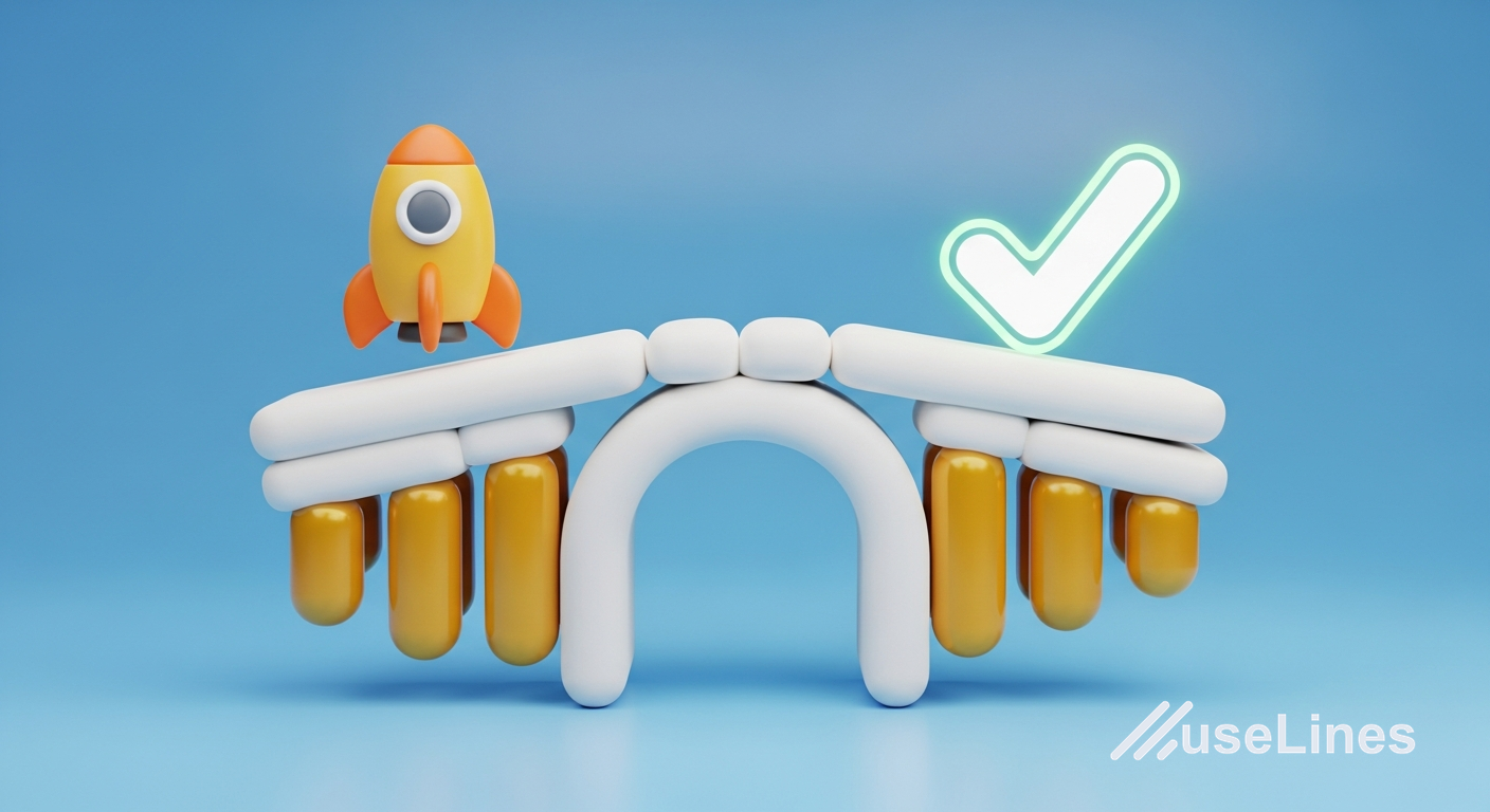 A 3D minimalist bridge made of thick, rounded white blocks connecting two platforms. One platform has a rocket (launch) and the other has a glowing green checkmark (stability). The bridge is supported by golden pillars representing support.